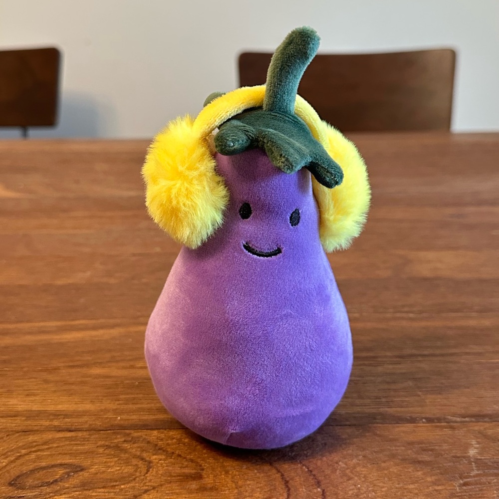 Purple Eggplant Plush Toy with Yellow Ear Muffs - Kids Stuffed Animal